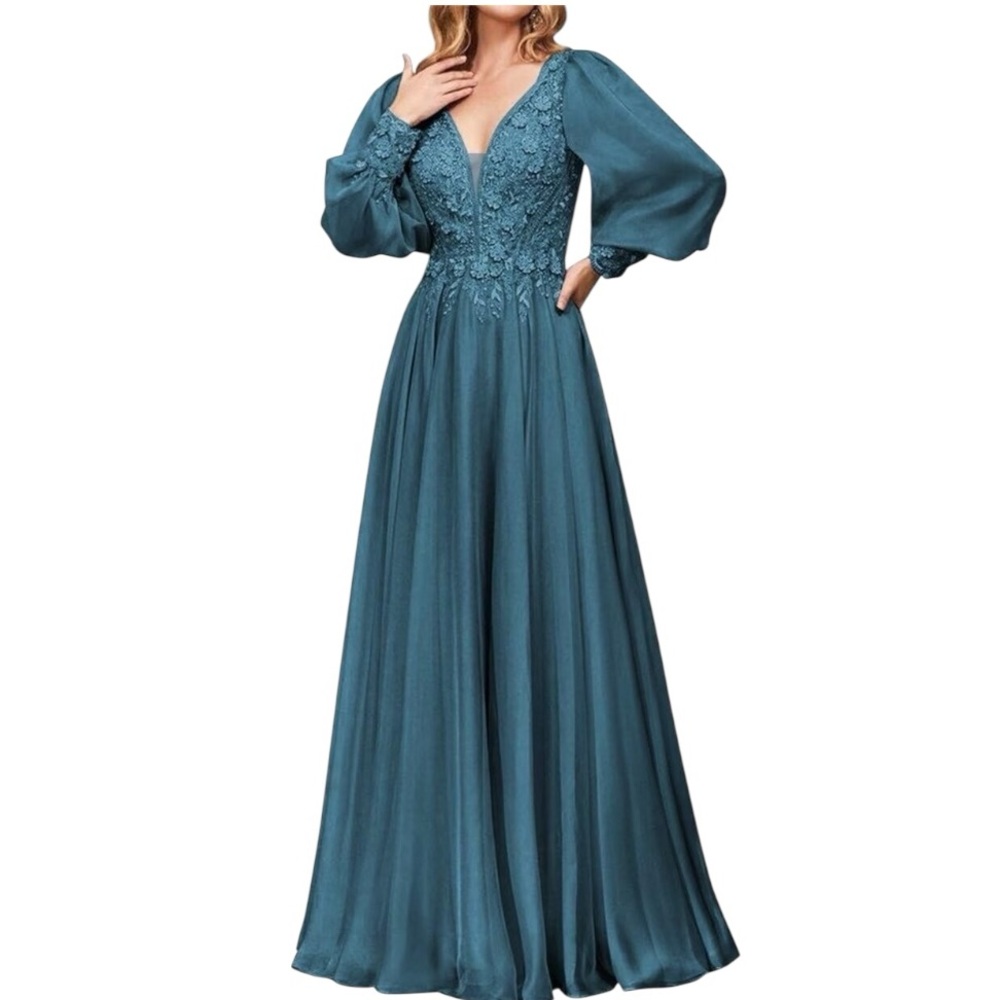 Mother of The Bride Long Sleeve Chiffon Peacock Maxi dress